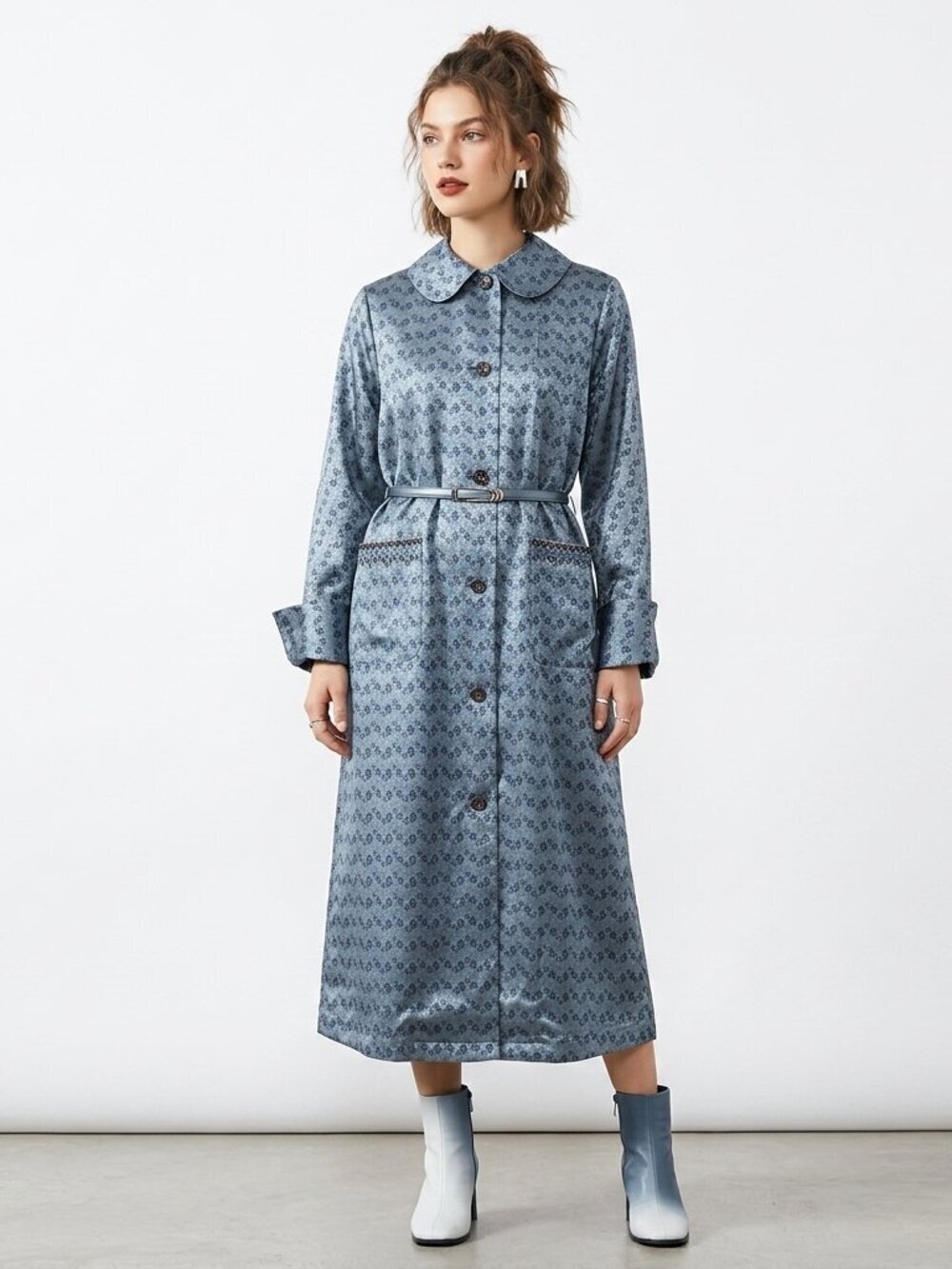 VINTAGE 60s Satin Blue Floral Brocade Robe Duster Housecoat OS